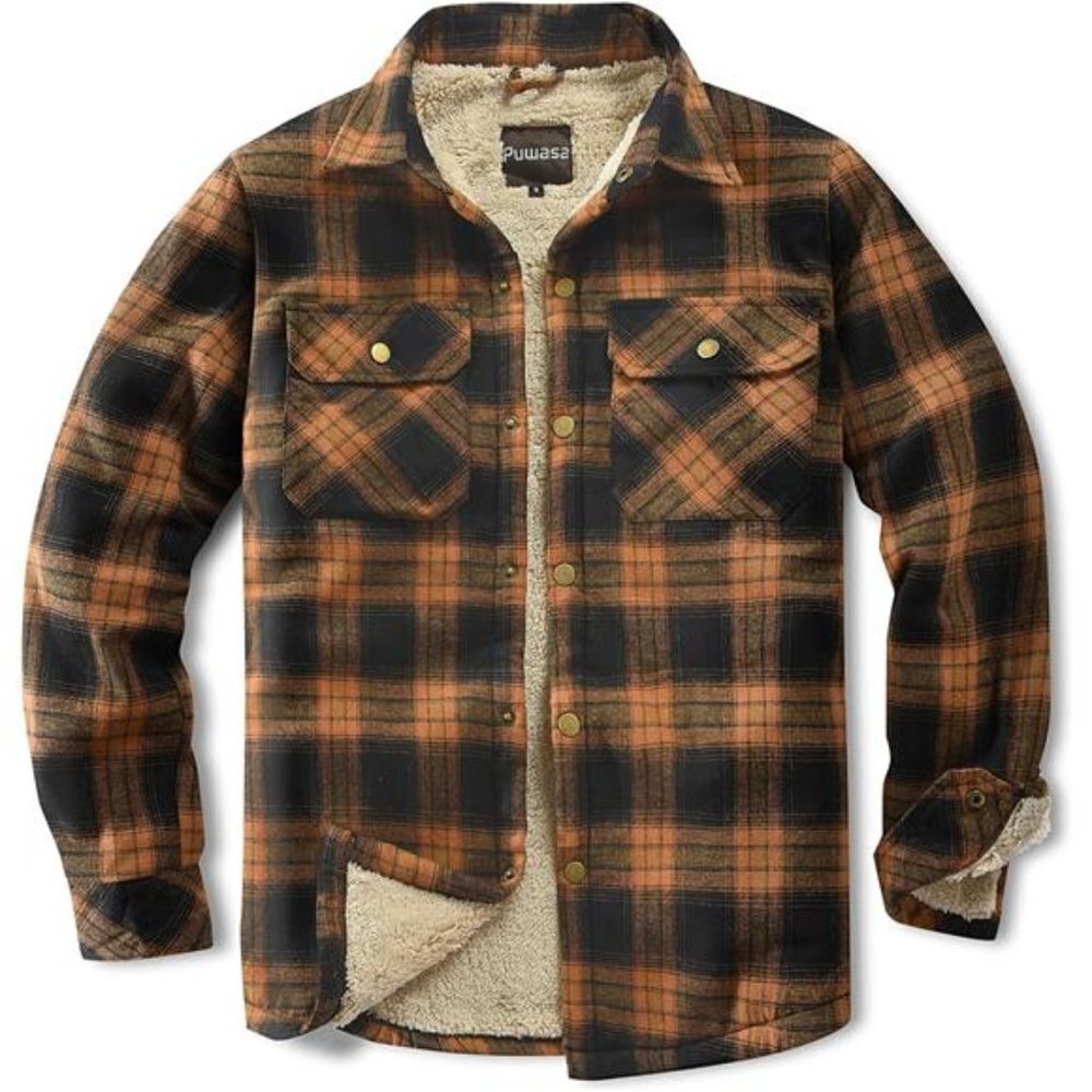 Cozy Sherpa Flannel Shirt Jacket Men Orange Plaid Button Up